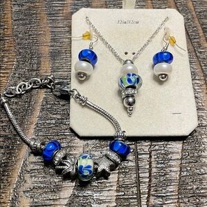 Bella Perlina Charm & Crystal Bead Bracelet Earrings & Necklace Set Blue Beach